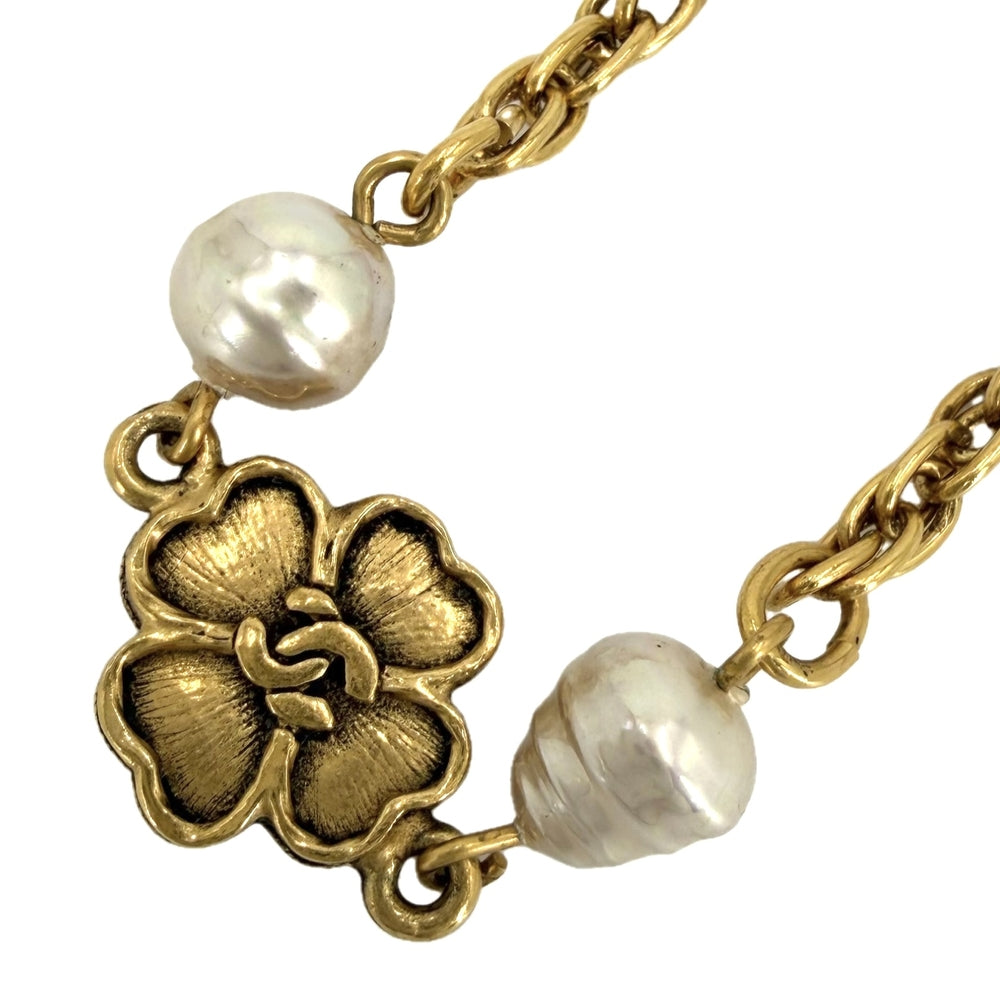 CHANEL シャネル ネックレス クローバーモチーフ ココマーク アクセサリー チョーカー GP フェイクパール ゴールド レディース 約14.1g 1983年【中古品】