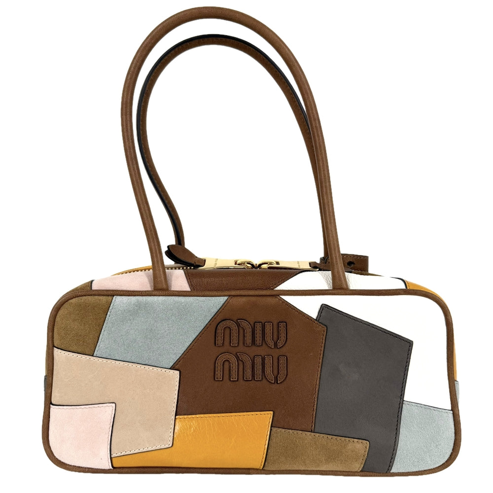 MIUMIU ミュウミュウ ハンドバッグ パッチワーク ボー トートバッグ 5BB173 レザー スエード ブラウン 茶 マルチカラー ゴールド金具 レディース【中古品】