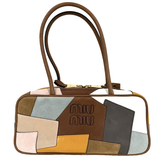 MIUMIU ミュウミュウ ハンドバッグ パッチワーク ボー トートバッグ 5BB173 レザー スエード ブラウン 茶 マルチカラー ゴールド金具 レディース【中古品】