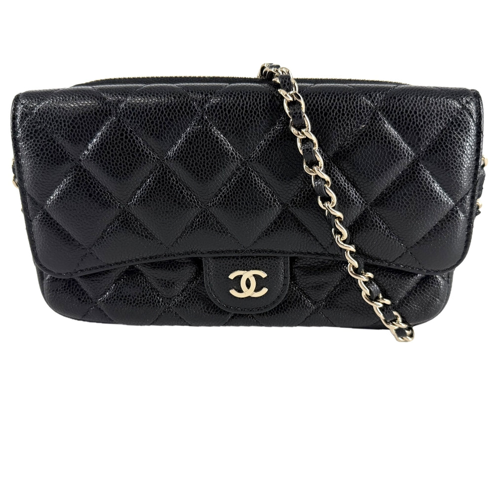 CHANEL シャネル チェーンウォレット マトラッセ ココマーク ショルダーバッグ 長財布 キャビアスキン ブラック 黒 ゴールド金具 レディース【中古品】