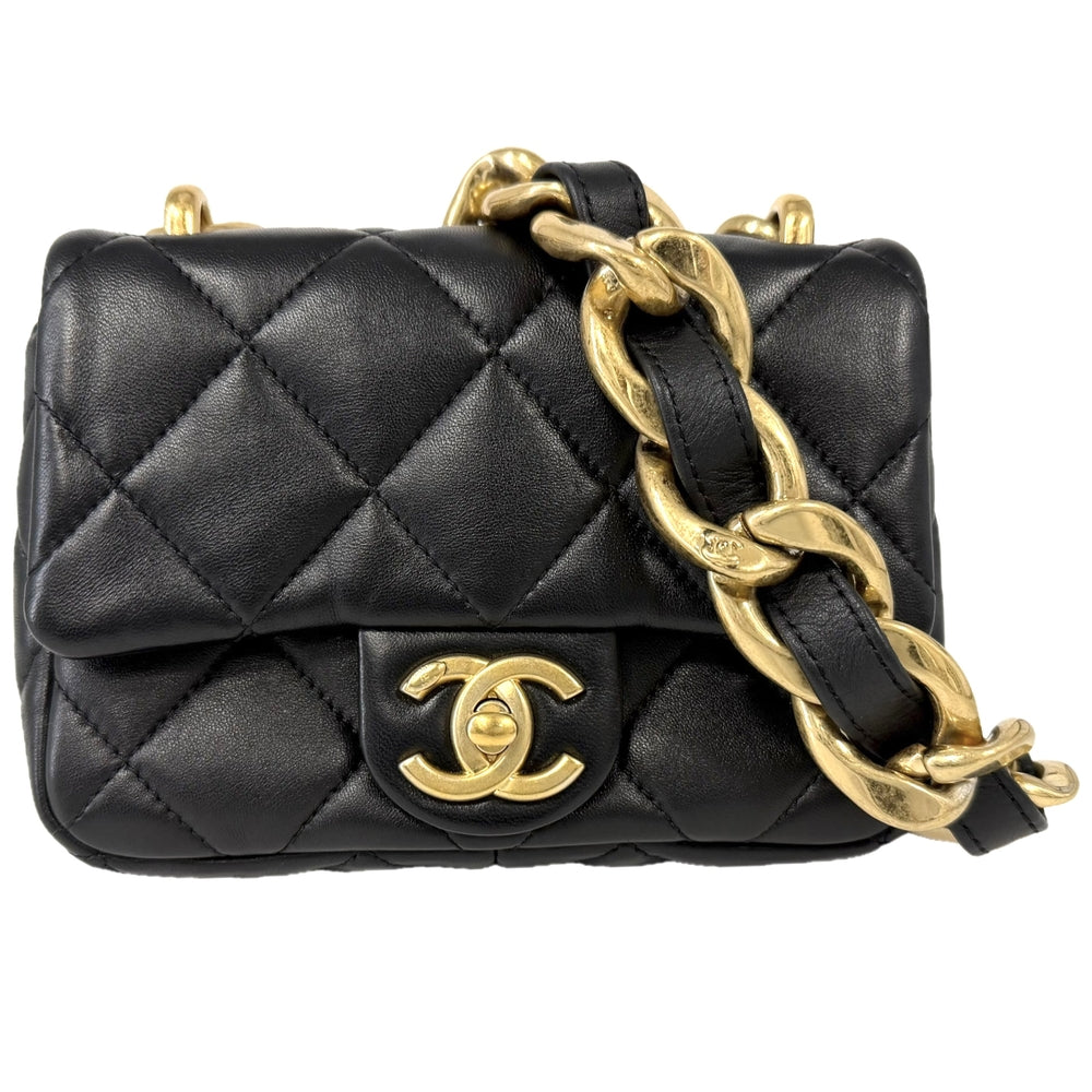 CHANEL シャネル ショルダーバッグ ミニマトラッセ チェーンショルダー ターンロック Mini Matelasse ココマーク ラムスキン ブラック 黒 ゴールド金具 レディース【中古品】