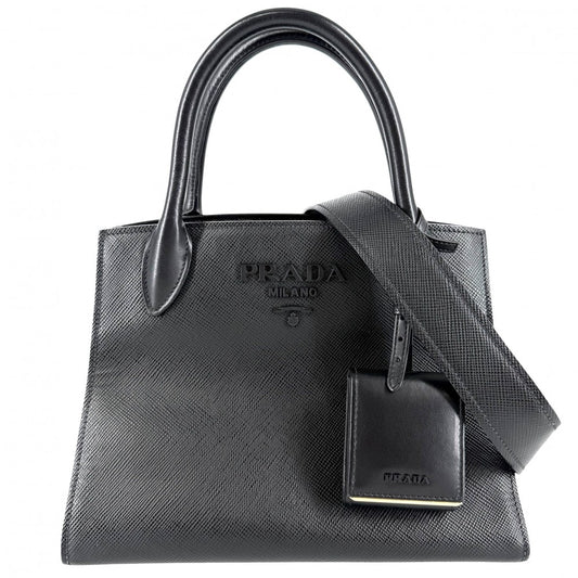 PRADA プラダ 2WAY トライアングルロゴ モノクローム ハンドバッグ ショルダーバッグ 1BA156 レザー ブラック 黒 ゴールド金具 レディース【中古品】