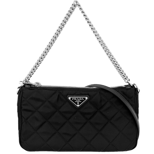 PRADA プラダ 2WAY キルティング ハンドバッグ ショルダーバッグ トライアングルロゴ 1BH026 ナイロン レザー ブラック 黒 シルバー金具 レディース【中古品】