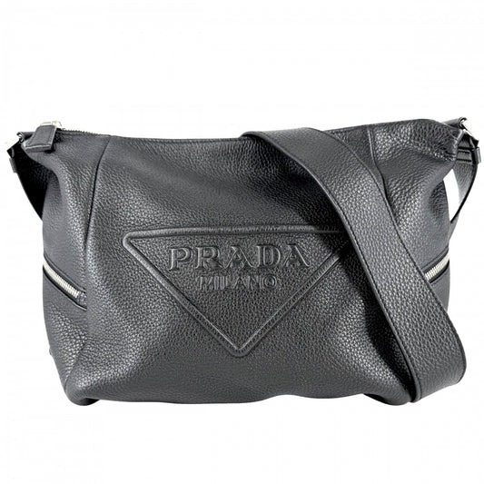 PRADA プラダ ショルダーバッグ トライアングルロゴ レザー ブラック 黒 シルバー金具 ユニセックス【中古品】