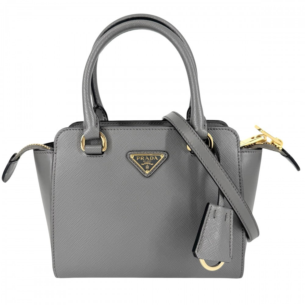 PRADA プラダ 2WAY トライアングルロゴ ハンドバッグ ショルダーバッグ 1BA380 レザー グレー ゴールド金具 レディース【中古品】
