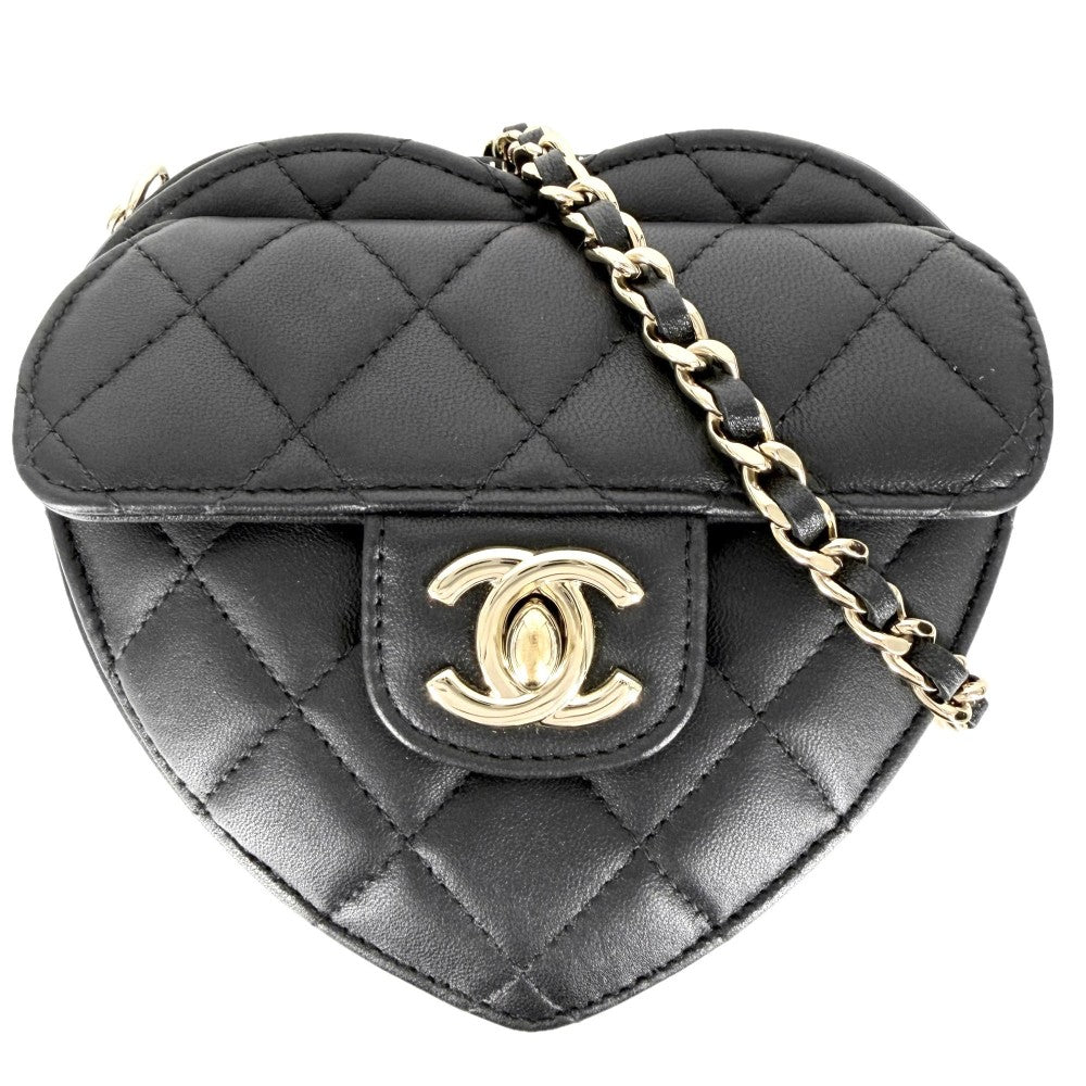 CHANEL シャネル ショルダーバッグ マトラッセ ハート ココマーク 小さめ ラムスキン ブラック 黒 ゴールド金具 レディース【中古品】