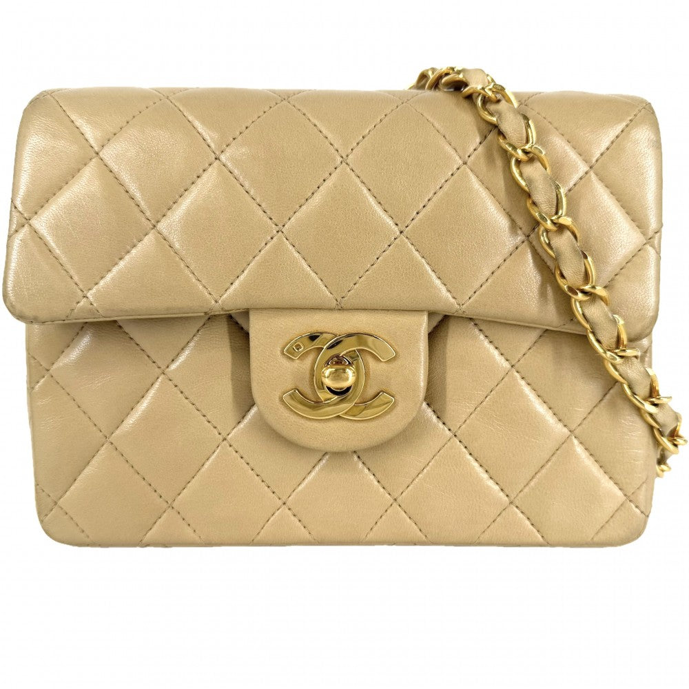 CHANEL シャネル ショルダーバッグ ミニマトラッセ チェーンショルダー ターンロック Mini Matelasse ヴィンテージ ココマーク ラムスキン ベージュ ゴールド金具 レディース【中古品】
