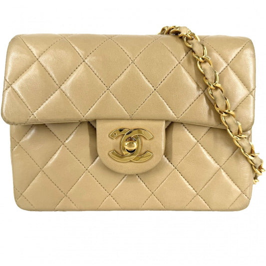 CHANEL シャネル ショルダーバッグ ミニマトラッセ チェーンショルダー ターンロック Mini Matelasse ヴィンテージ ココマーク ラムスキン ベージュ ゴールド金具 レディース【中古品】