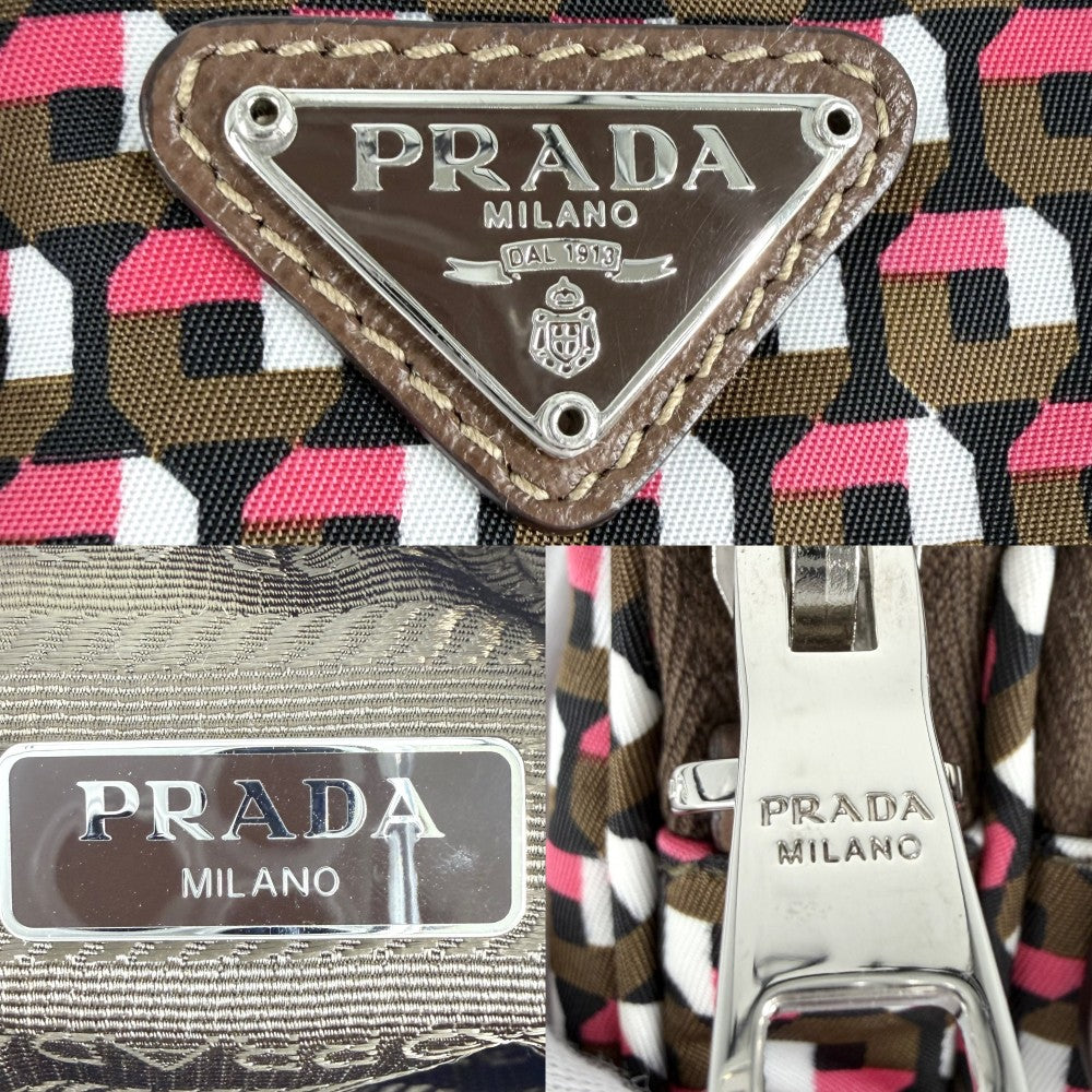 PRADA プラダ ショルダーバッグ トライアングルロゴ 総柄 スマホショルダー ポーチ 2WAY 1N1860 ナイロン カーキ ピンク シルバー金具 レディース【中古品】