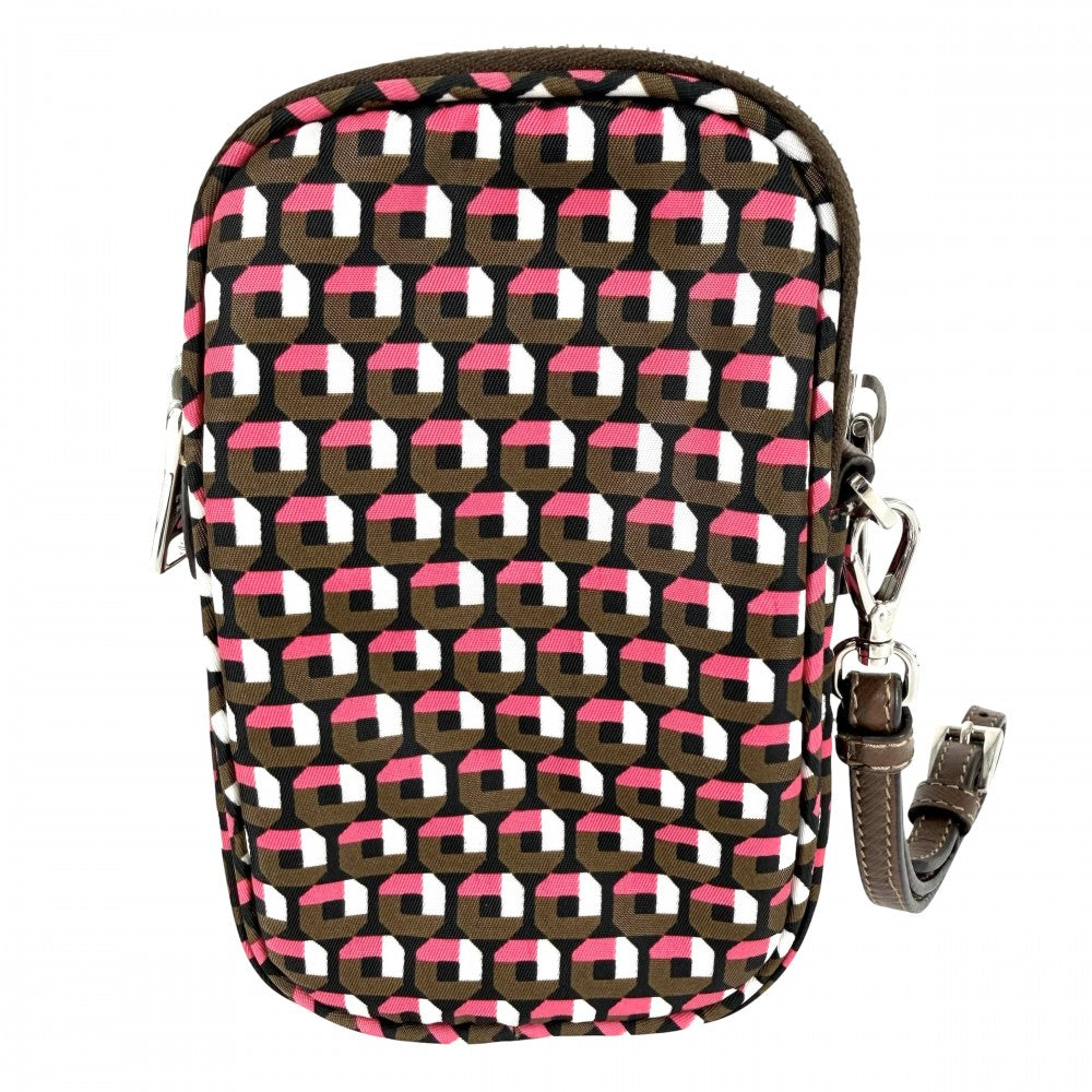 PRADA プラダ ショルダーバッグ トライアングルロゴ 総柄 スマホショルダー ポーチ 2WAY 1N1860 ナイロン カーキ ピンク シルバー金具 レディース【中古品】