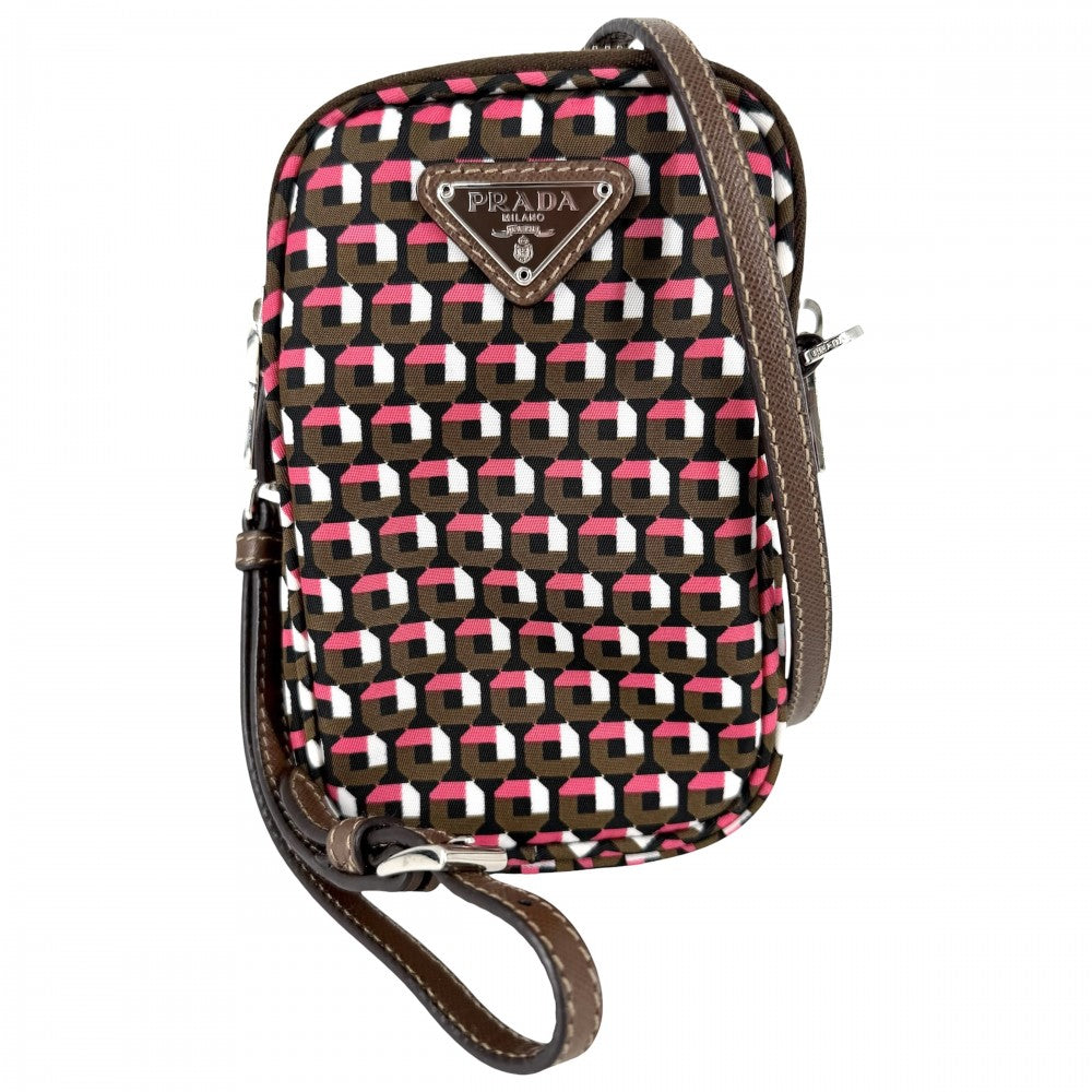 PRADA プラダ ショルダーバッグ トライアングルロゴ 総柄 スマホショルダー ポーチ 2WAY 1N1860 ナイロン カーキ ピンク シルバー金具 レディース【中古品】