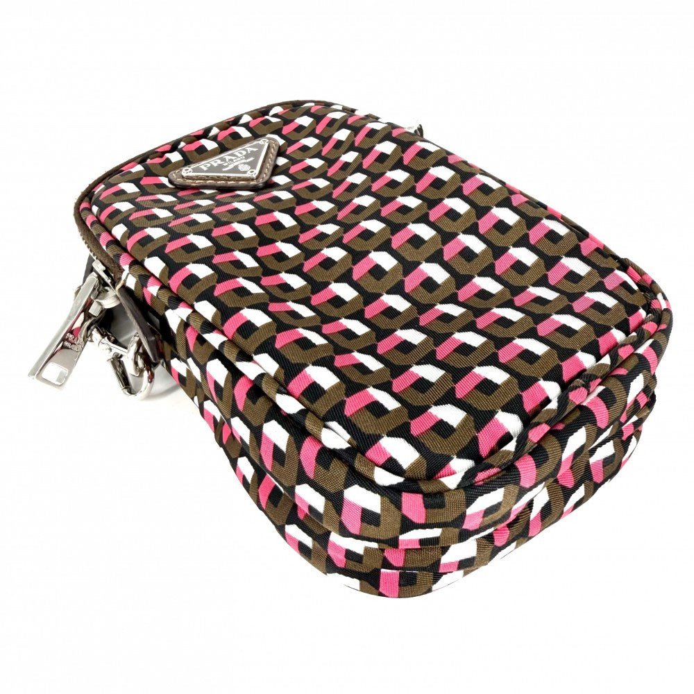 PRADA プラダ ショルダーバッグ トライアングルロゴ 総柄 スマホショルダー ポーチ 2WAY 1N1860 ナイロン カーキ ピンク シルバー金具 レディース【中古品】