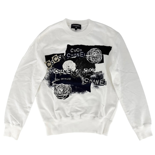 CHANEL シャネル トップス ココマーク ロゴ アパレル 服 カメリア トレーナー スウェット XS ホワイト 白 ブラック 黒 春 秋 コットン レディース【中古品】