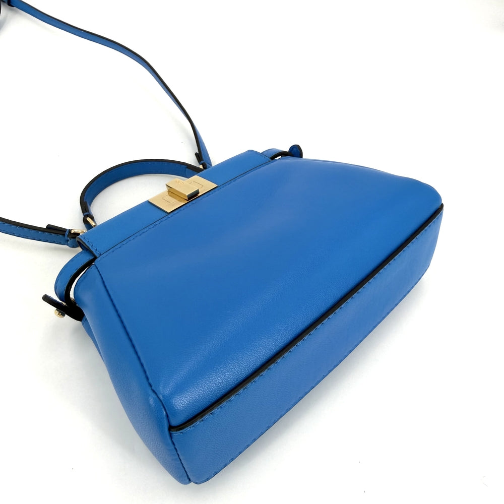 FENDI フェンディ 2WAY マイクロピーカブー ミニハンドバッグ ショルダーバッグ 8M0355 レザー ブルー 青 ゴールド金具 レディース【中古品】