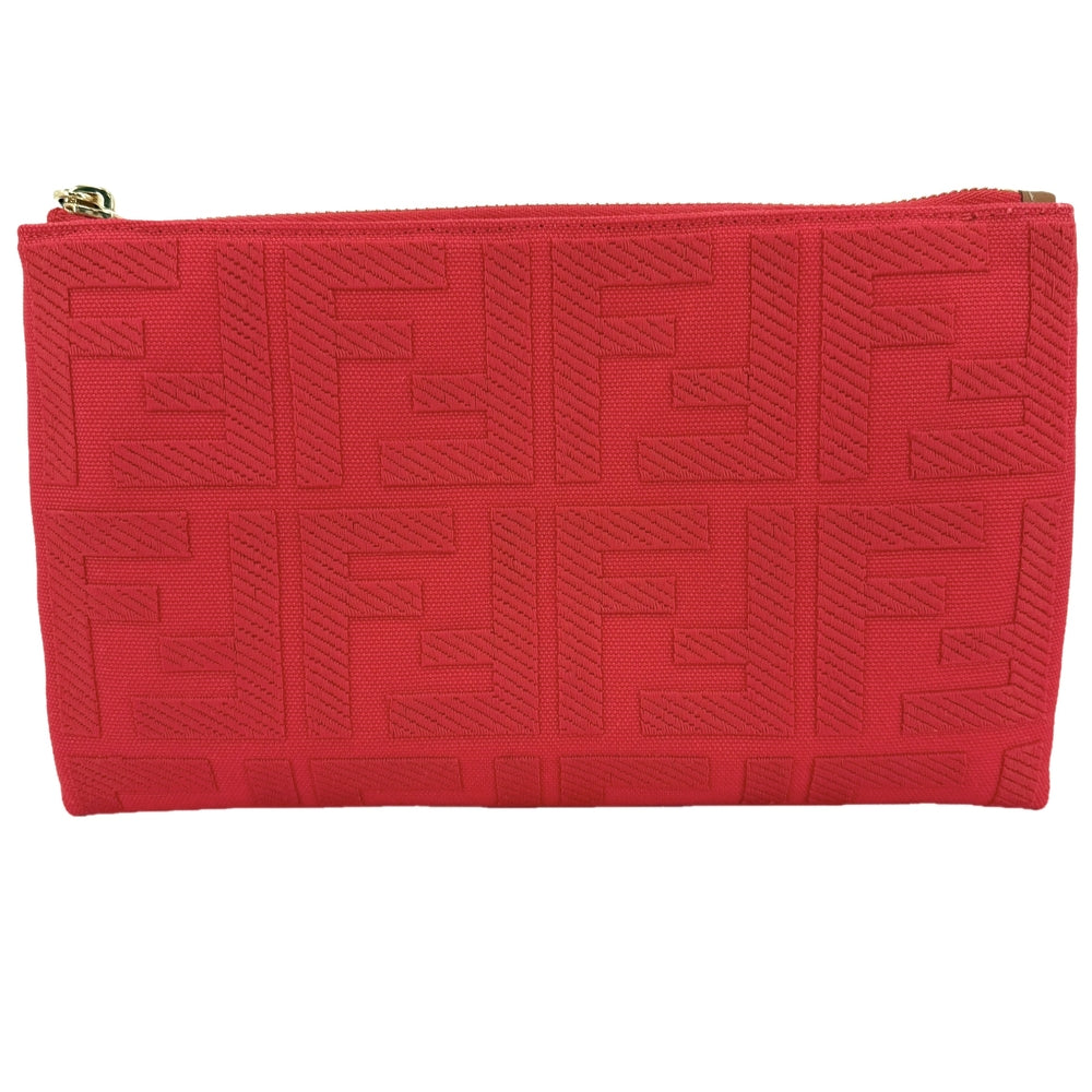 FENDI フェンディ ポーチ ズッカ メイクポーチ 化粧ポーチ 小物入れ 8N0148 キャンバス レザー レッド 赤 ゴールド金具 レディース【中古品】
