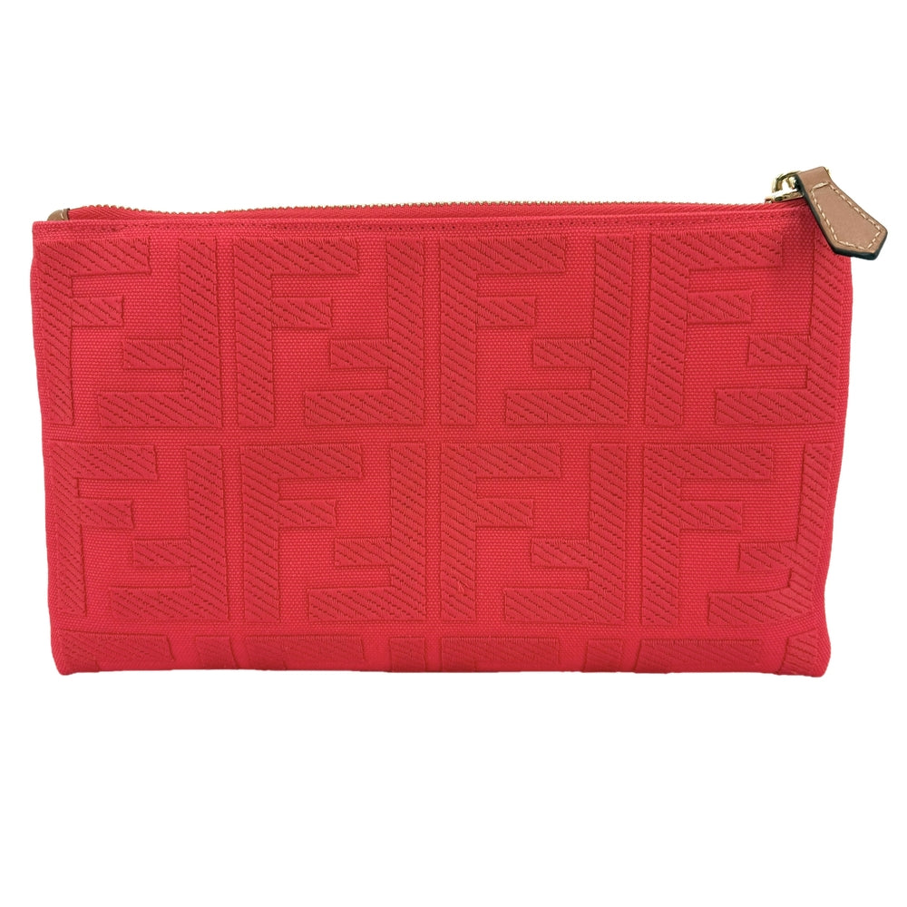 FENDI フェンディ ポーチ ズッカ メイクポーチ 化粧ポーチ 小物入れ 8N0148 キャンバス レザー レッド 赤 ゴールド金具 レディース【中古品】