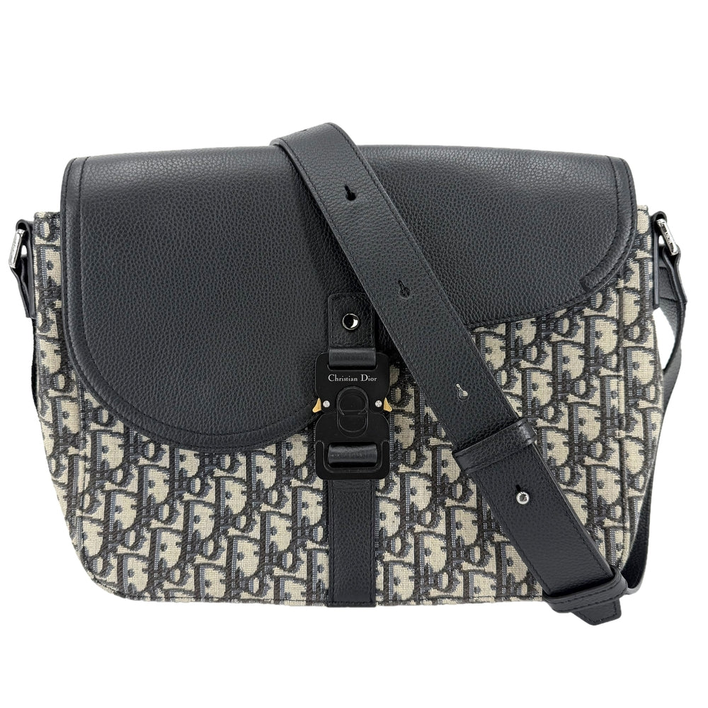 Christian Dior クリスチャンディオール ショルダーバッグ オブリーク Saddle フラップ付きメッセンジャーバッグ ミディアム レザー キャンバス ブラック 黒 ベージュ シルバー金具 メンズ【中古品】