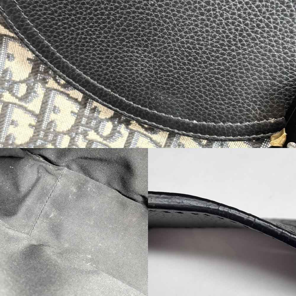 Christian Dior クリスチャンディオール ショルダーバッグ オブリーク Saddle フラップ付きメッセンジャーバッグ ミディアム レザー キャンバス ブラック 黒 ベージュ シルバー金具 メンズ【中古品】