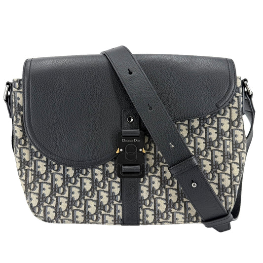 Christian Dior クリスチャンディオール ショルダーバッグ オブリーク Saddle フラップ付きメッセンジャーバッグ ミディアム レザー キャンバス ブラック 黒 ベージュ シルバー金具 メンズ【中古品】