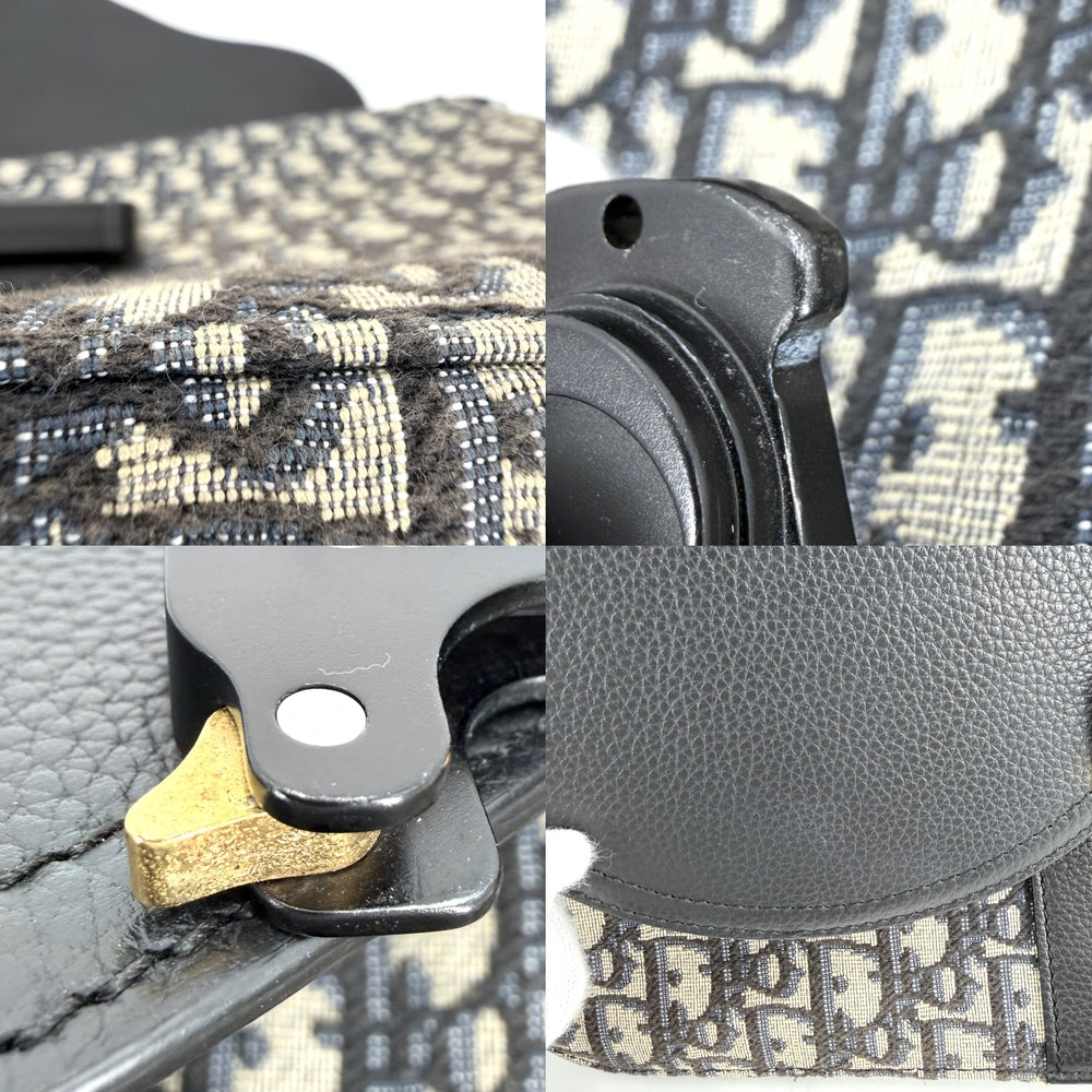 Christian Dior クリスチャンディオール ショルダーバッグ オブリーク Saddle フラップ付きメッセンジャーバッグ ミディアム レザー キャンバス ブラック 黒 ベージュ シルバー金具 メンズ【中古品】