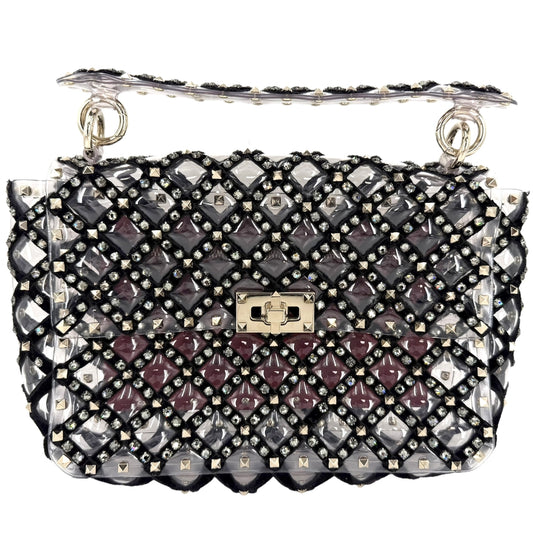 Valentino Garavani ヴァレンティノ・ガラヴァーニ ハンドバッグ ロックスタッズ PVC ベロア クリア ブラック 黒 ゴールド金具 レディース【中古品】
