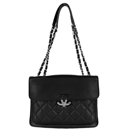 CHANEL シャネル ショルダーバッグ マトラッセ ココマーク ダブルチェーン レザー ブラック 黒 シルバー金具 レディース【中古品】