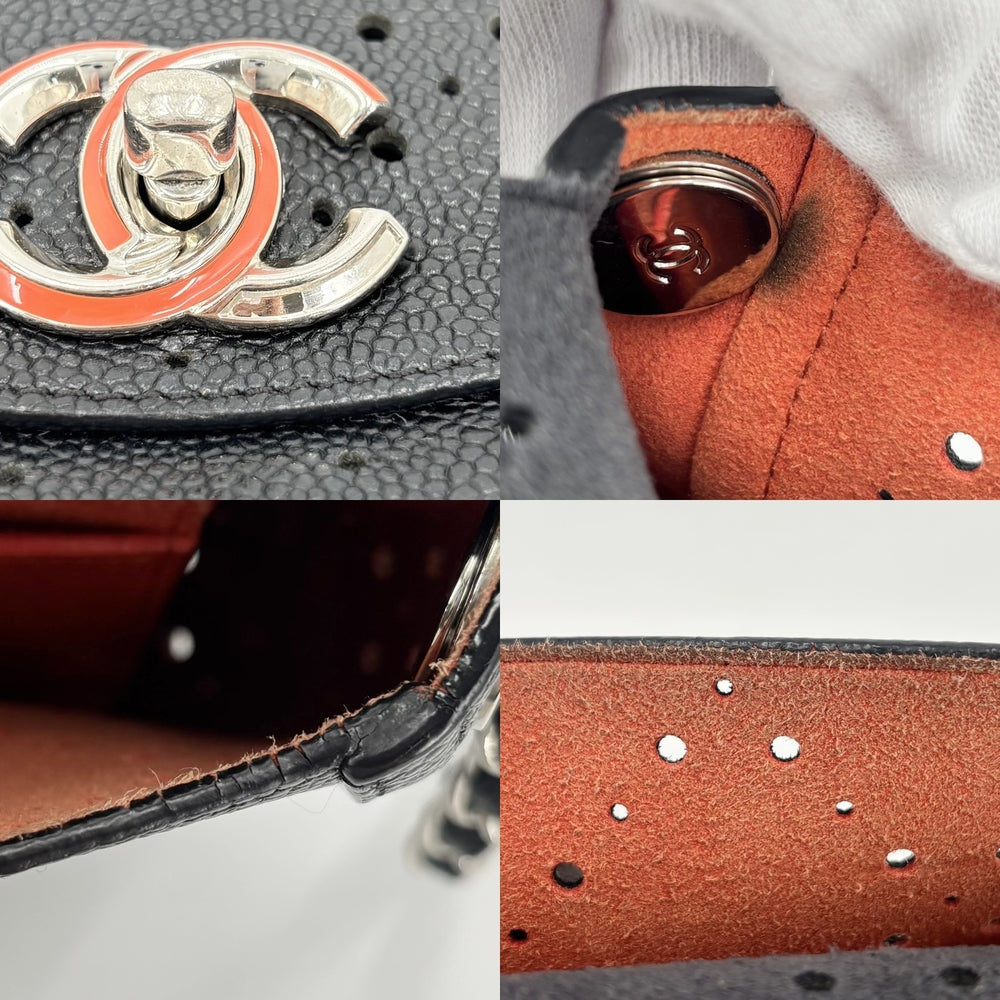 CHANEL シャネル ショルダーバッグ パンチング チェーンショルダー ココマーク レザー ブラック 黒 オレンジ シルバー×オレンジ金具 レディース【中古品】