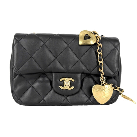 CHANEL シャネル ショルダーバッグ ハートチャーム ミニマトラッセ チェーンショルダー ターンロック Mini Matelasse ココマーク ラムスキン ブラック 黒 ゴールド金具 レディース【中古品】