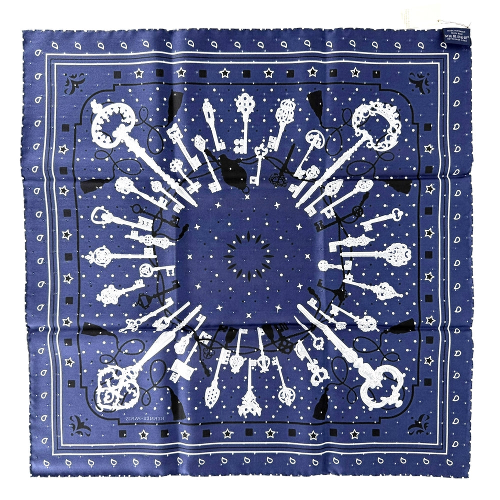 HERMES エルメス スカーフ カレ55 レクレ バンダナ ファッションアイテム LES CLES 鍵 シルク ネイビー 紺 レディース【中古品】