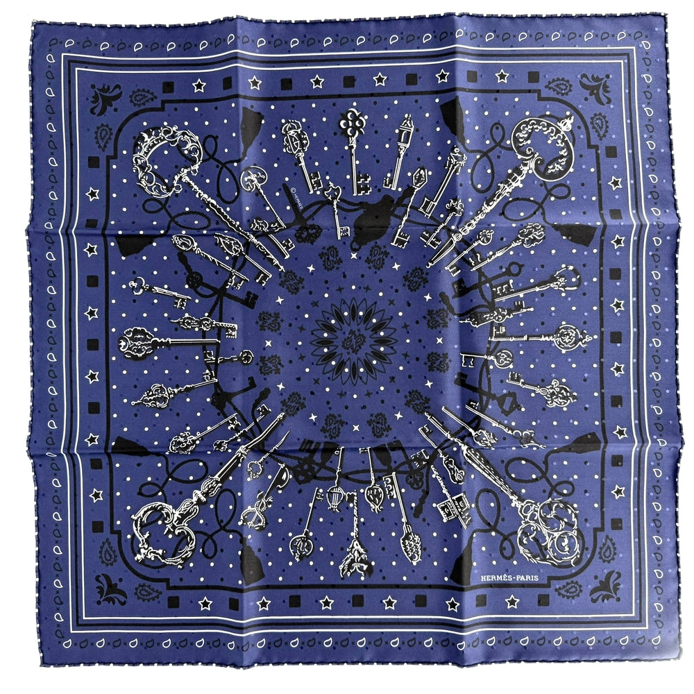 HERMES エルメス スカーフ カレ55 レクレ バンダナ ファッションアイテム LES CLES 鍵 シルク ネイビー 紺 レディース【中古品】
