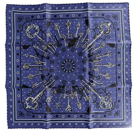 HERMES エルメス スカーフ カレ55 レクレ バンダナ ファッションアイテム LES CLES 鍵 シルク ネイビー 紺 レディース【中古品】