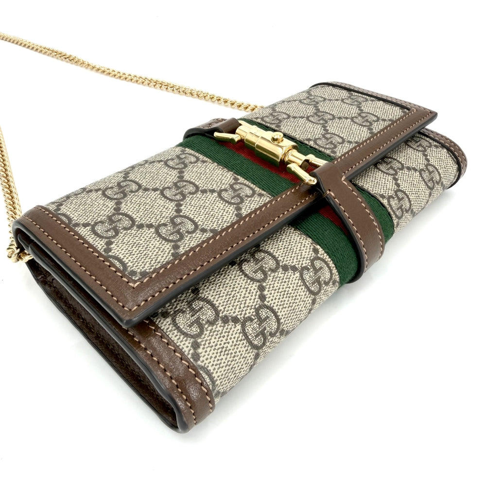 GUCCI グッチ チェーンウォレット シェリーライン ジャッキー1961 長財布 ロングウォレット 652681 GGスプリームキャンバス レザー ベージュ ブラウン 茶 ゴールド金具 レディース【中古品】