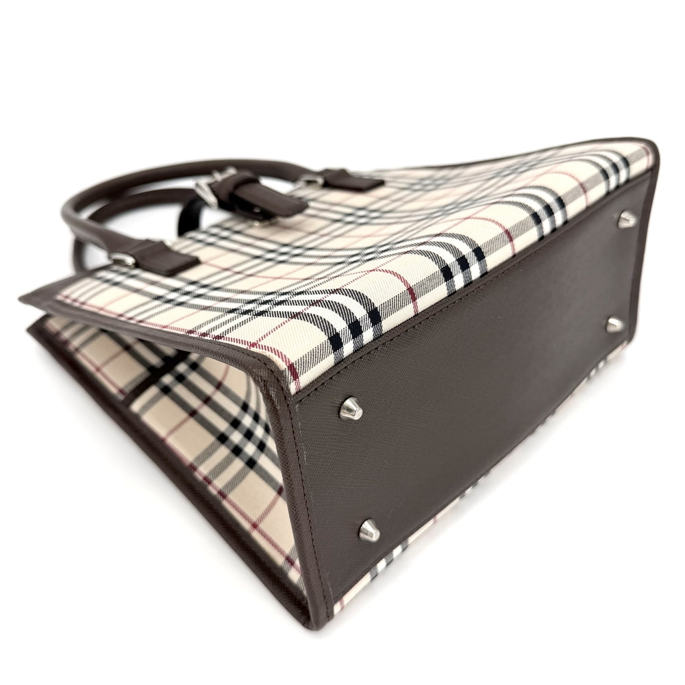 BURBERRY バーバリー ハンドバッグ ノバチェック トートバッグ レザー キャンバス ベージュ ブラウン 茶 シルバー金具 レディース【中古品】