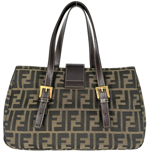 FENDI フェンディ トートバッグ ズッカ ハンドバッグ キャンバス レザー ブラウン 茶 ゴールド金具 レディース【中古品】