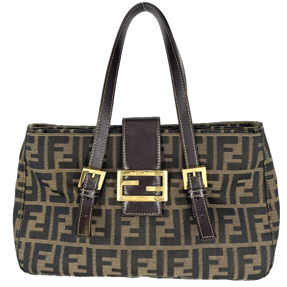 FENDI フェンディ トートバッグ ズッカ ハンドバッグ キャンバス レザー ブラウン 茶 ゴールド金具 レディース【中古品】