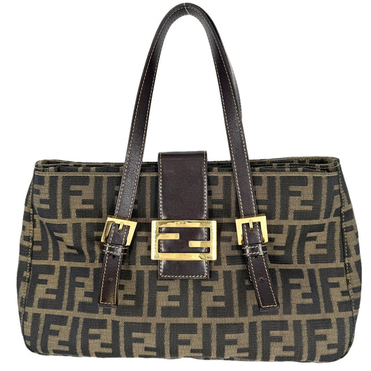 FENDI フェンディ トートバッグ ズッカ ハンドバッグ キャンバス レザー ブラウン 茶 ゴールド金具 レディース【中古品】