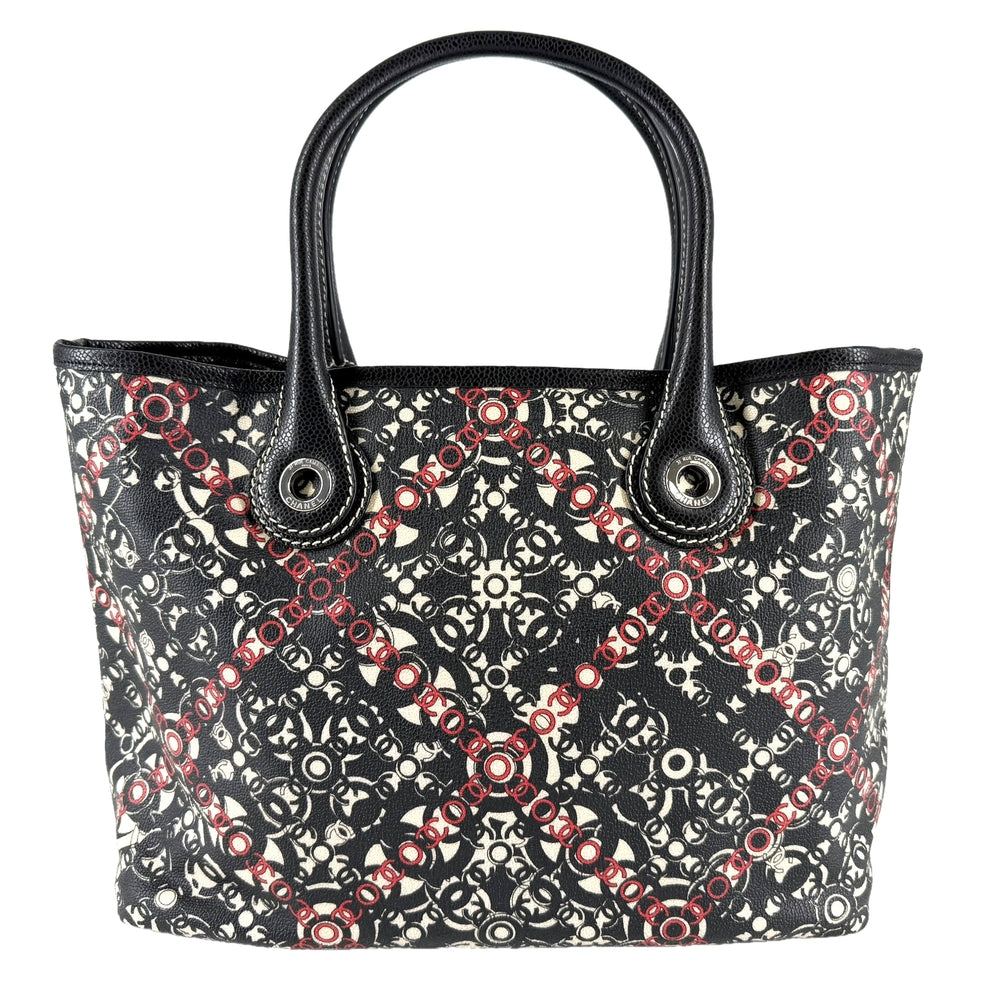 CHANEL シャネル トートバッグ ココトラベル ハンドバッグ ココマーク PVCコーティングキャンバス レザー ブラック 黒 レッド 赤 シルバー金具 レディース【中古品】