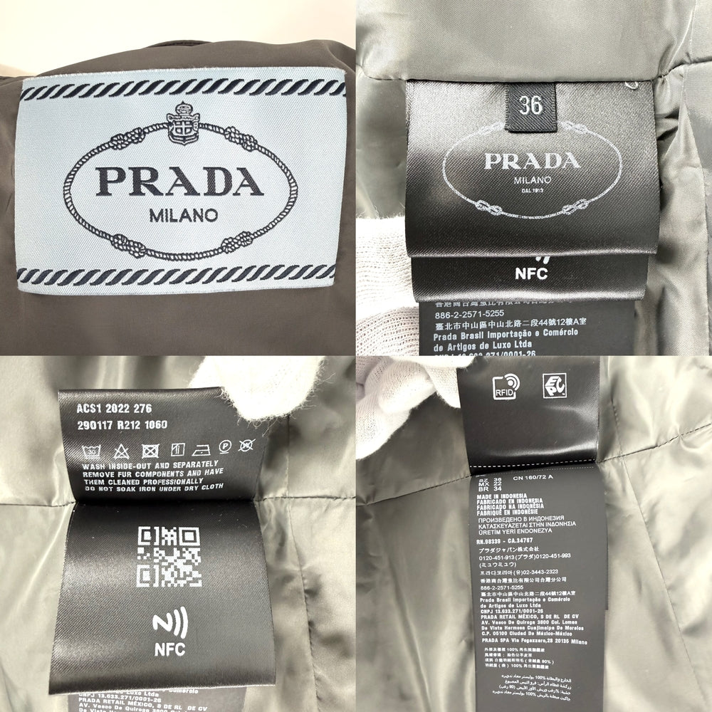 PRADA プラダ ダウンジャケット アウター トライアングルロゴ ロングダウンジャケット 36 グレー ホワイト 白 シルバー金具 冬 ポリエステル レディース【中古品】
