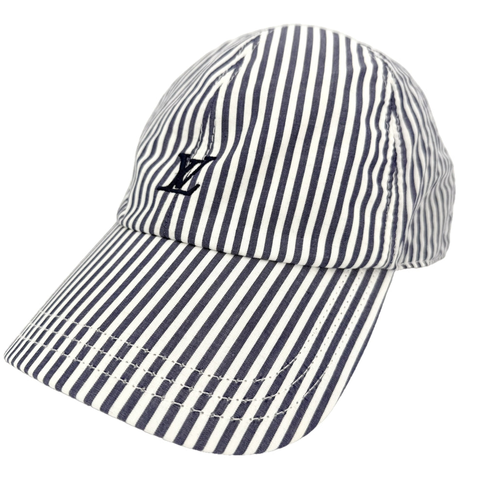 LOUIS VUITTON ルイヴィトン 帽子 キャップ・LVリーグ ベースボールキャップ Lサイズ ストライプ M5065L コットン ネイビー 紺 シルバー金具 メンズ【中古品】