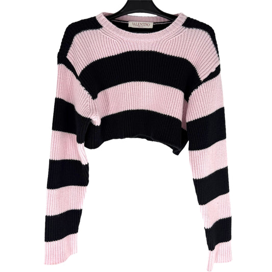 Valentino Garavani ヴァレンティノ・ガラヴァーニ ニット ボーダー 服 アパレル クロップド丈 XXS セーター ブラック 黒 ピンク 秋 冬 ウール レディース【中古品】