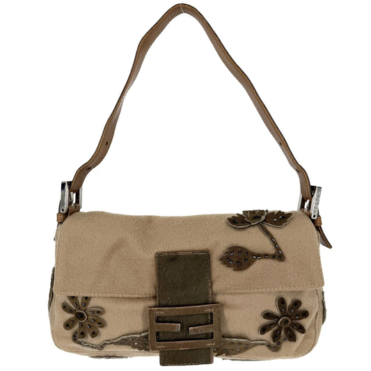 FENDI フェンディ ハンドバッグ フラワーモチーフ マンマバケット 26424 ウール ハラコ ビーズ ブラウン 茶 シルバー金具 レディース【中古品】
