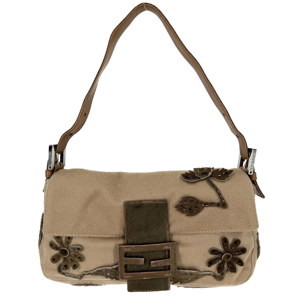 FENDI フェンディ ハンドバッグ フラワーモチーフ マンマバケット 26424 ウール ハラコ ビーズ ブラウン 茶 シルバー金具 レディース【中古品】