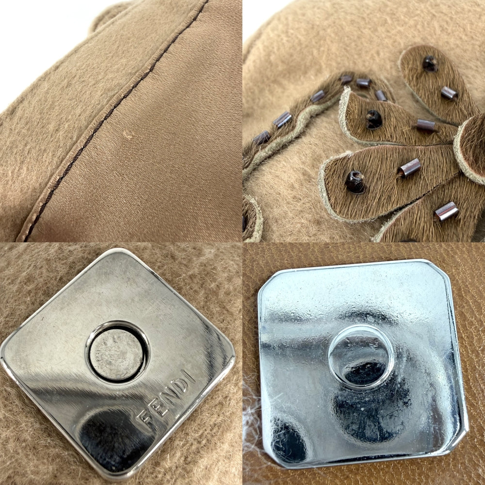 FENDI フェンディ ハンドバッグ フラワーモチーフ マンマバケット 26424 ウール ハラコ ビーズ ブラウン 茶 シルバー金具 レディース【中古品】