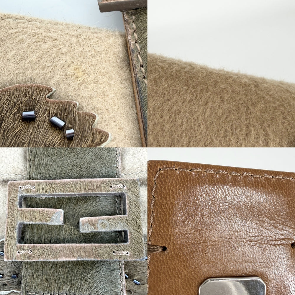 FENDI フェンディ ハンドバッグ フラワーモチーフ マンマバケット 26424 ウール ハラコ ビーズ ブラウン 茶 シルバー金具 レディース【中古品】