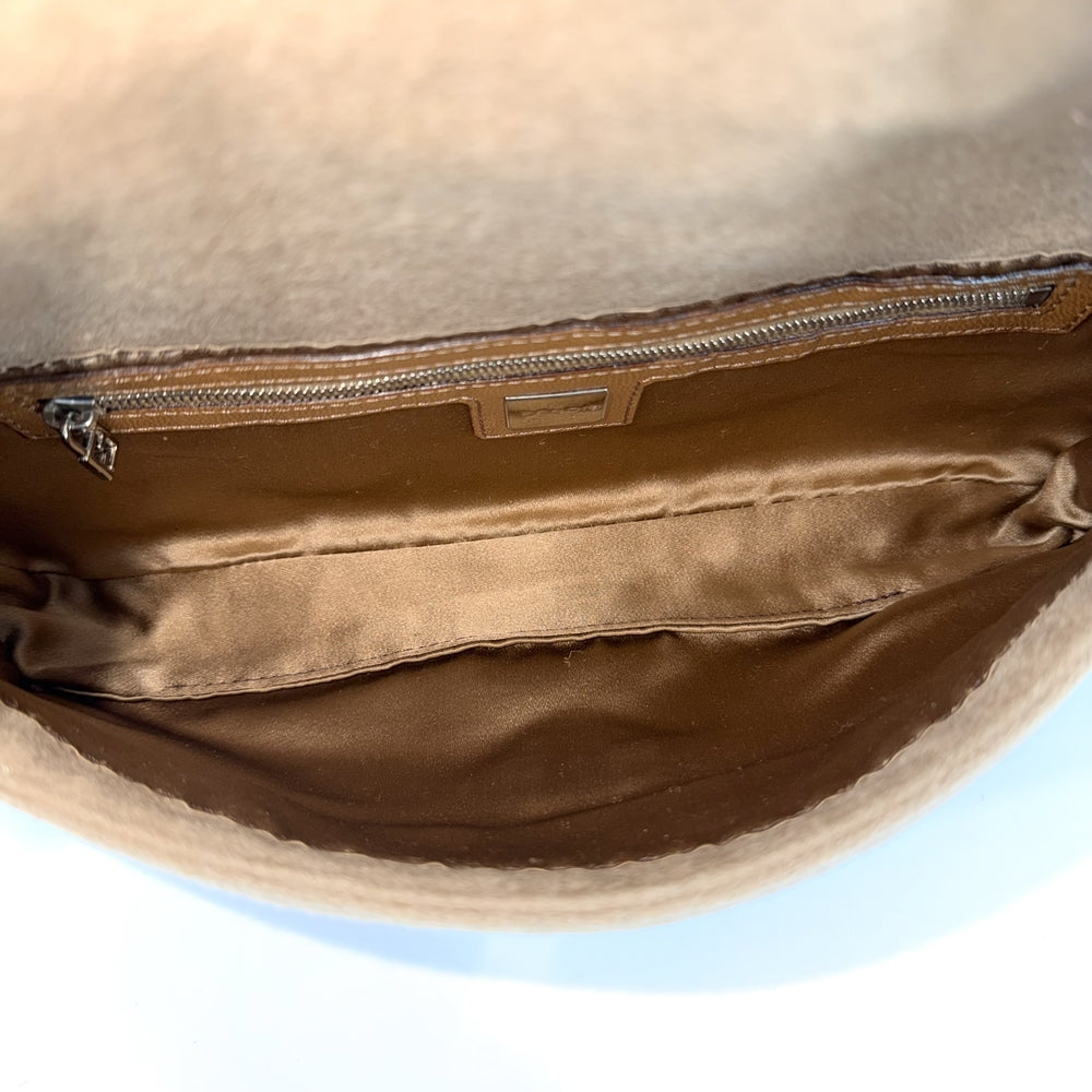 FENDI フェンディ ハンドバッグ フラワーモチーフ マンマバケット 26424 ウール ハラコ ビーズ ブラウン 茶 シルバー金具 レディース【中古品】