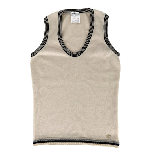 CHANEL シャネル タンクトップ ノースリーブ アパレル 服 ココマーク 38 ベージュ ネイビー 紺 カシミヤ レディース【中古品】