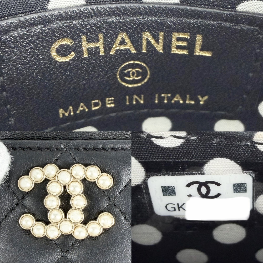 CHANEL シャネル コインケース マトラッセ ココマーク カードケース 水玉 ドット ラムスキン フェイクパール ブラック 黒 ゴールド金具 レディース【中古品】