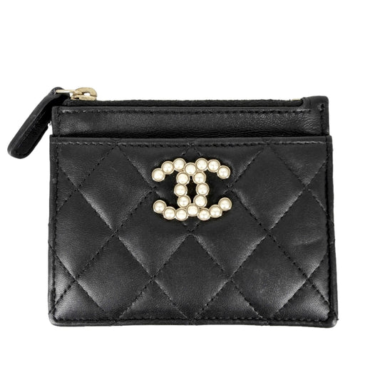 CHANEL シャネル コインケース マトラッセ ココマーク カードケース 水玉 ドット ラムスキン フェイクパール ブラック 黒 ゴールド金具 レディース【中古品】