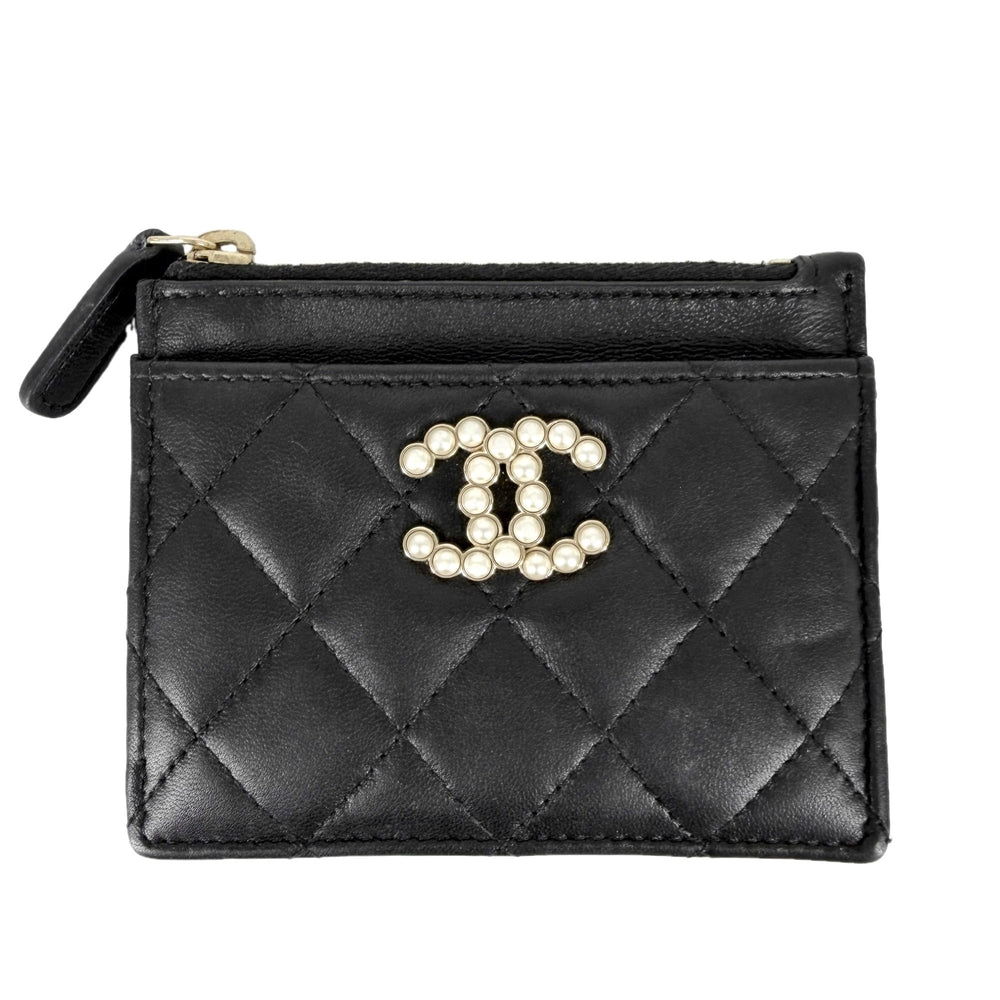 CHANEL シャネル コインケース マトラッセ ココマーク カードケース 水玉 ドット ラムスキン フェイクパール ブラック 黒 ゴールド金具 レディース【中古品】