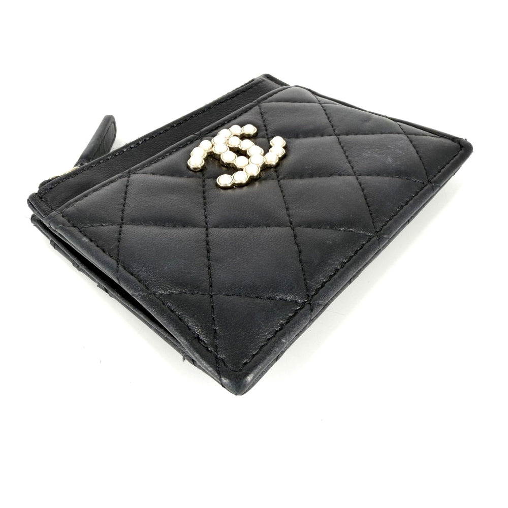 CHANEL シャネル コインケース マトラッセ ココマーク カードケース 水玉 ドット ラムスキン フェイクパール ブラック 黒 ゴールド金具 レディース【中古品】